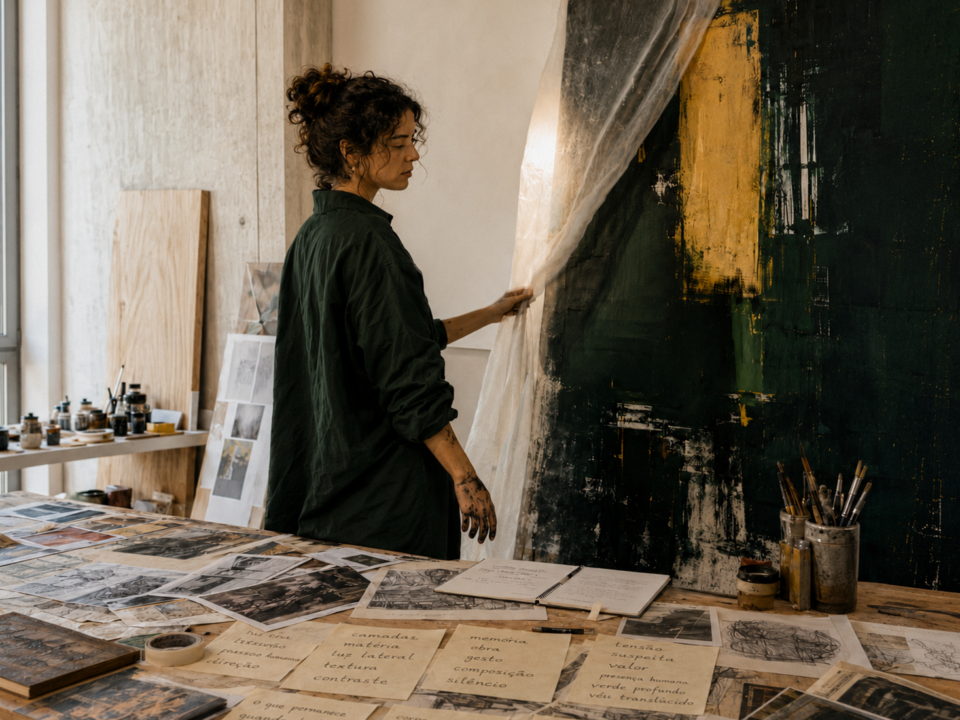 mulher olhando obra de arte em estúdio